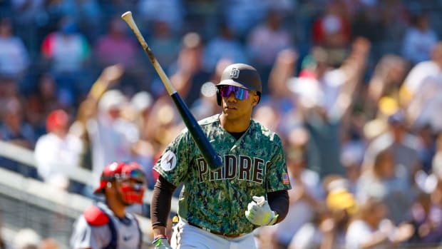 Sep 24, 2023; San Diego, California, USA; San Diego Padres left fielder Juan Soto (22) flips his bat after hitting a three run home run in the first inning against the St. Louis Cardinals at Petco Park.